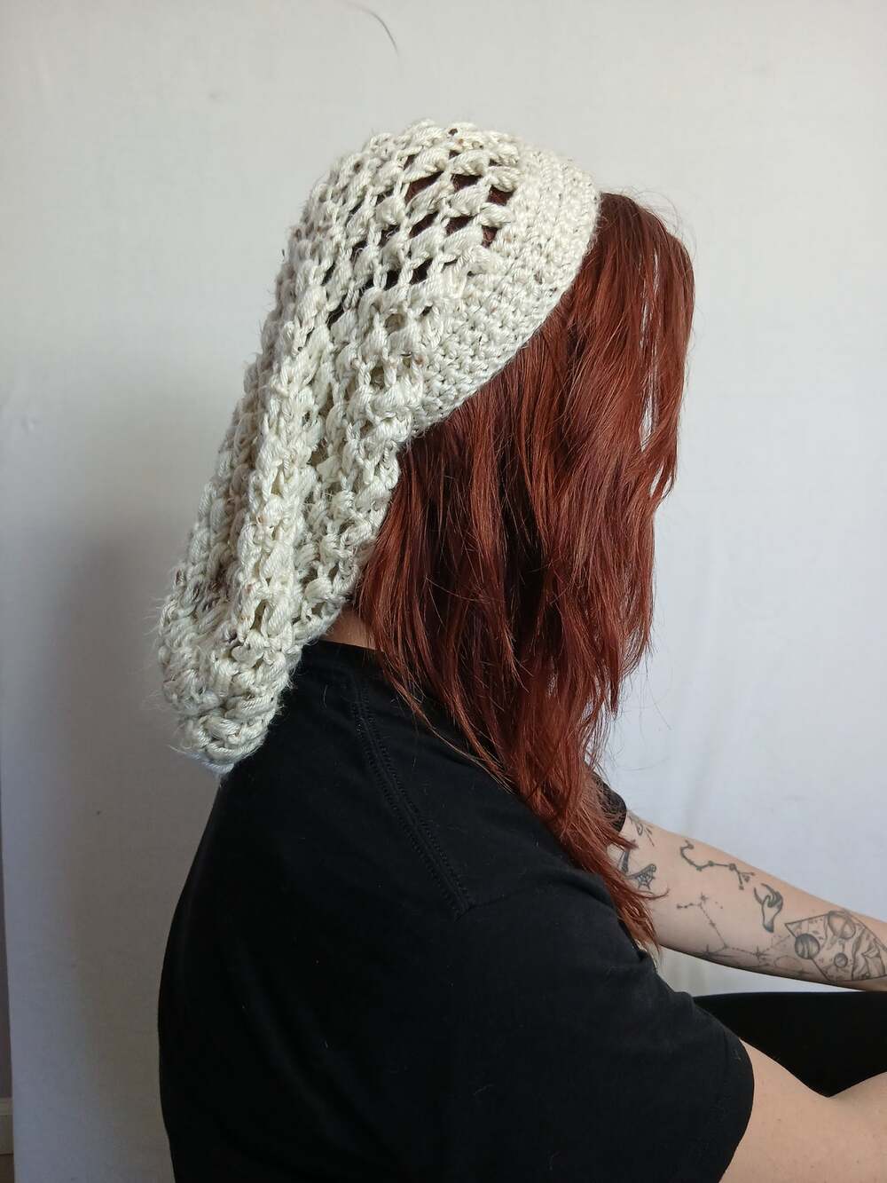 Crochet Beanie Long White Hand Made Boho Cottage Festival One Size Fits Most